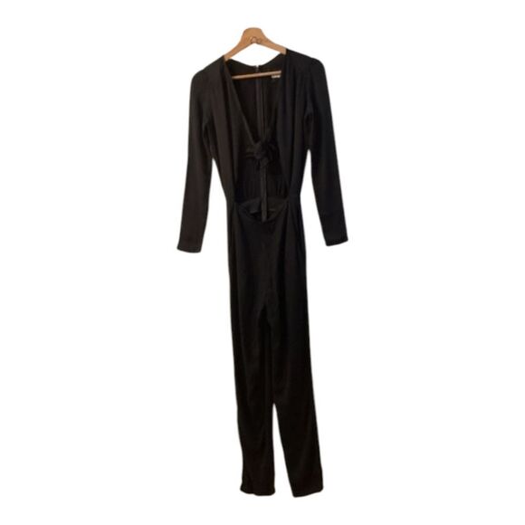 Reformation Ferris Black Tie Front Collared Long Sleeve Jumpsuit Size 4 - Picture 2 of 16